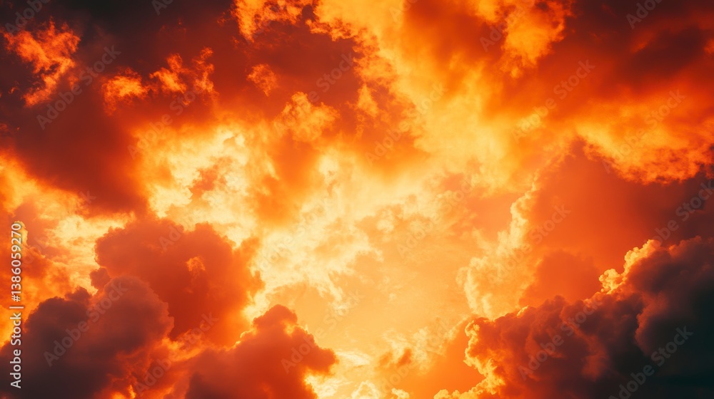 Fototapeta premium Fiery orange and red sunset clouds fill the frame.