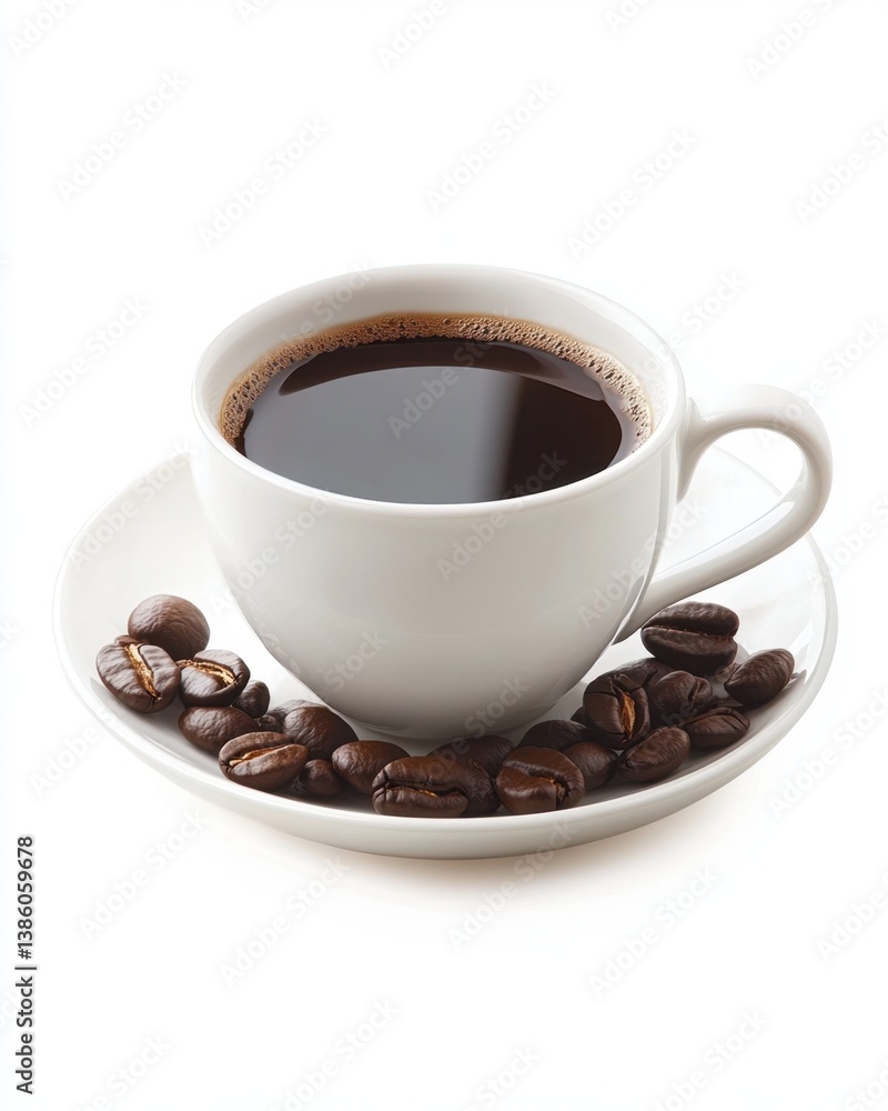 Aromatic coffee cup with fresh roasted beans on a white saucer creating a warm inviting atmosphere perfect for morning brew Aromatic coffee cup with fresh roasted beans on a white saucer creating a warm inviting atmosphere perfect for morning brew