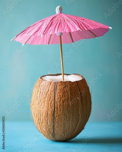 Wallpaper Mural Tropical Coconut Drink with Pink Paper Umbrella on Blue Tabletop Summer Refreshment Concept Torontodigital.ca