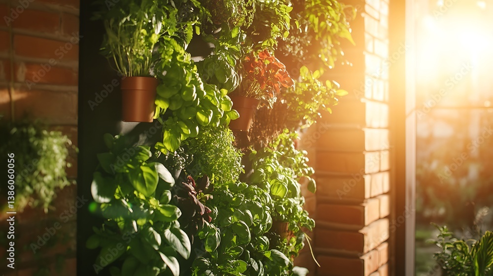 Vertical garden filled with different leafy green and red plants