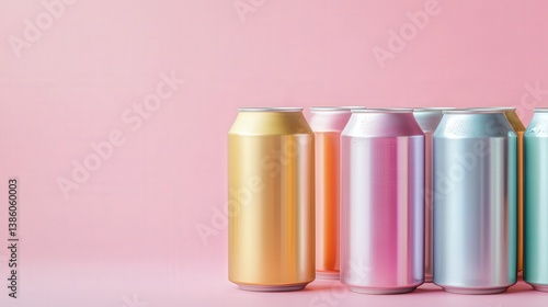 A row of colorful cans of soda sit on a pink background. The cans are arranged in a line, with the yellow can in the middle and the pink can on the far right