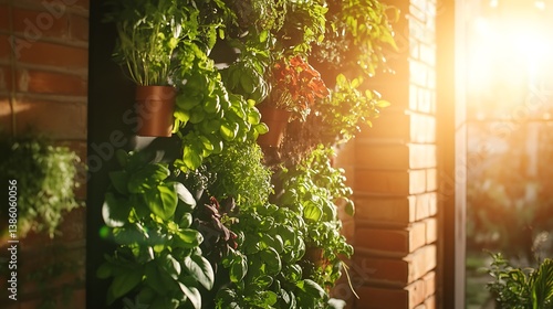 Vertical garden filled with different leafy green and red plants