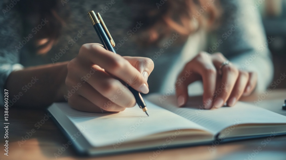 Woman's Hands Writing in Notebook, Close-Up View Woman's Hands Writing in Notebook, Close-Up View