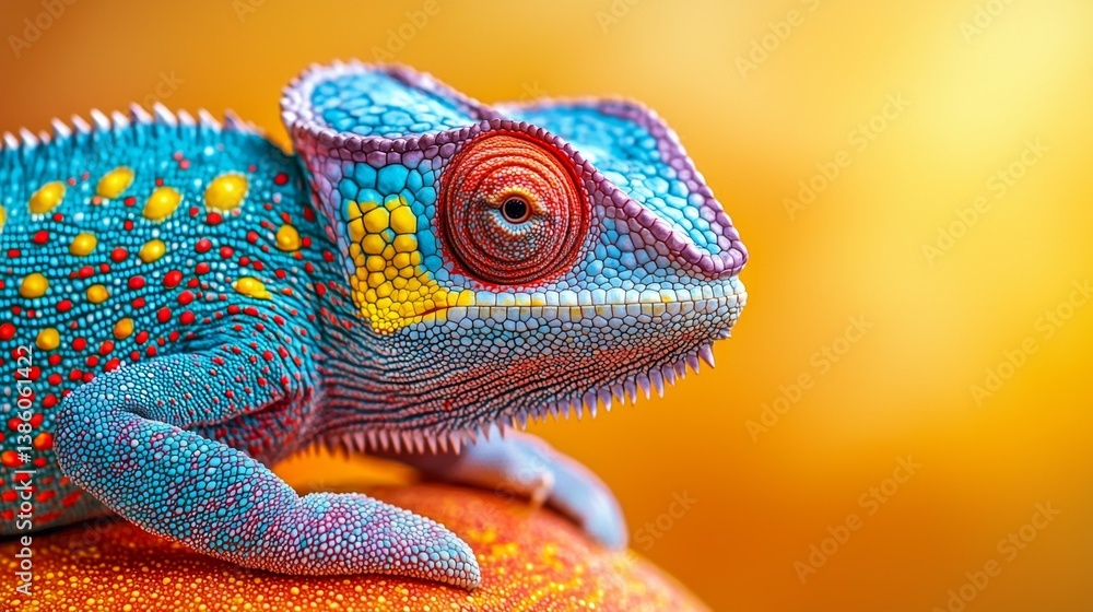 A colorful chameleon sitting on top of an orange ball