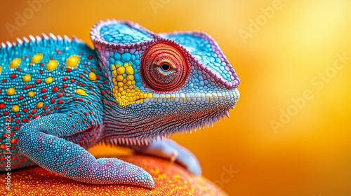 Obraz na płótnie A colorful chameleon sitting on top of an orange ball w salonie