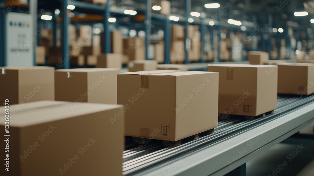 Cardboard Boxes on Conveyor Belt in Modern Warehouse Environment Cardboard Boxes on Conveyor Belt in Modern Warehouse Environment