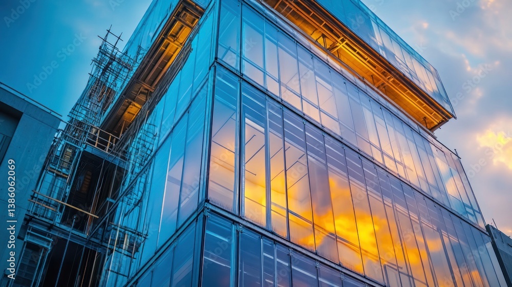 Obraz premium Modern Glass Skyscraper Reflecting Sunset