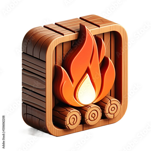 Fire 3d icon with wooden texture isolated on white background