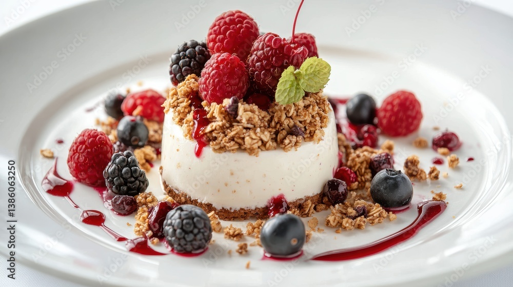 A high-angle view of a healthy breakfast spread with mixed berries, granola, and yogurt, on a white plate, on a white background A high-angle view of a healthy breakfast spread with mixed berries, granola, and yogurt, on a white plate, on a white background