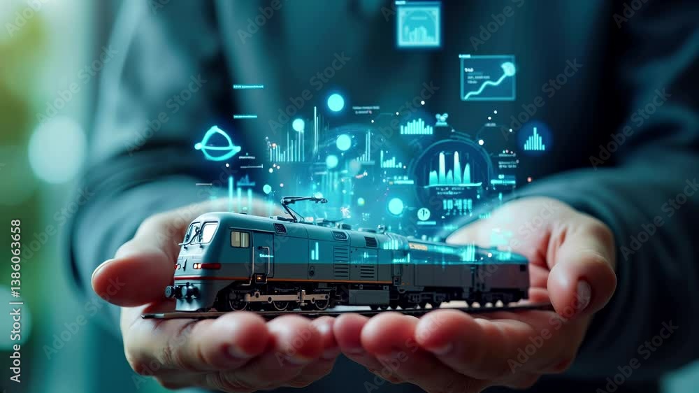 Train held in hands surrounded by digital data visualization, analytics ...