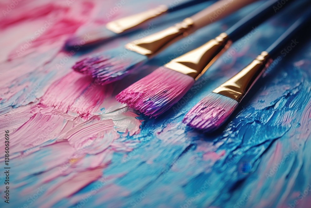 Fototapeta premium Artistic Paintbrushes on a Canvas of Pink and Blue Hues Creating a Textured Abstract Painting with a Close Up Perspective and a Creative Style