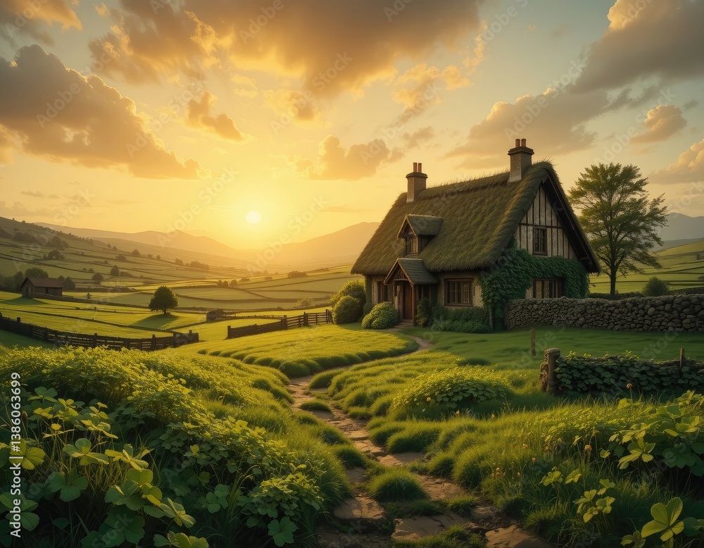 Idyllic Country Cottage with Thatched Roof at Sunset in a Green Landscape