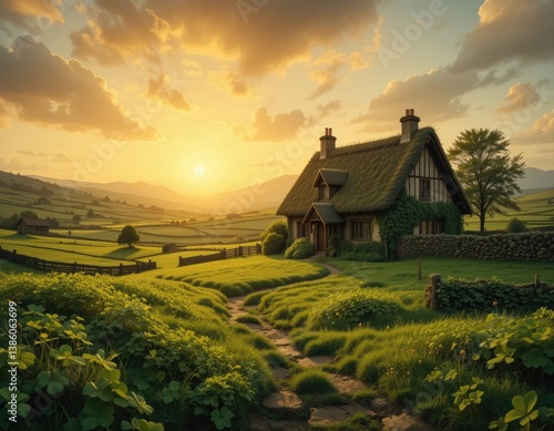 Obraz na płótnie Idyllic Country Cottage with Thatched Roof at Sunset in a Green Landscape w salonie