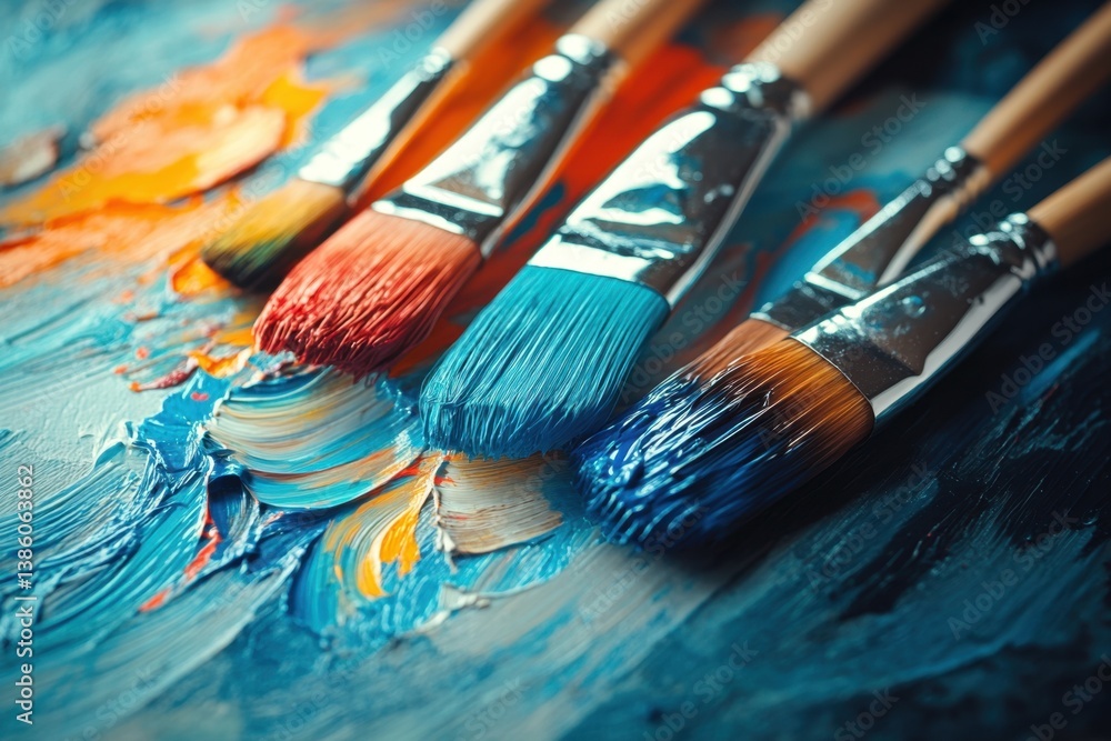 Obraz premium Artistic paintbrushes with vibrant colors on textured canvas creating a creative and expressive visual experience for art projects and design