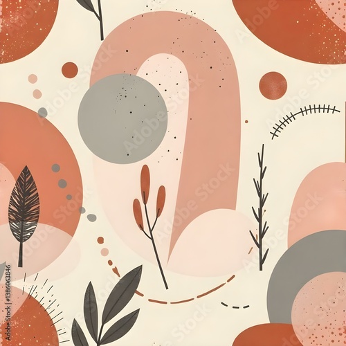 Modern boho abstract geometric pattern with arcs and minimal shapes in terracotta and blush tones

