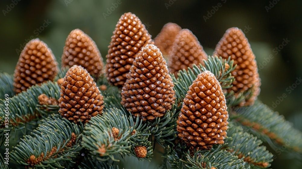 A bunch of pine cones on a tree branch A bunch of pine cones on a tree branch
