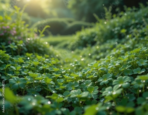 Lush Green Clover Field with Dew Drops in Sunny Meadow