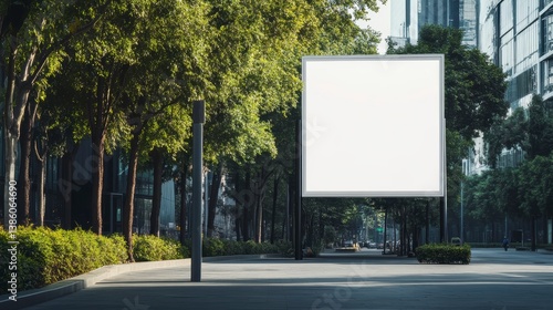 Wallpaper Mural Blank billboard on city street, surrounded by lush green trees and modern buildings. Torontodigital.ca