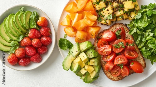 A bird is eye view of a healthy breakfast spread with avocado toast, sliced tomatoes, and a side of mixed fruit salad, on a white background