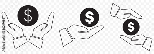 save money icon, salary money, invest finance, hand holding dollar, line symbols on Transparent background - editable stroke vector illustration eps10, save money icon, salary icon, finance icon.