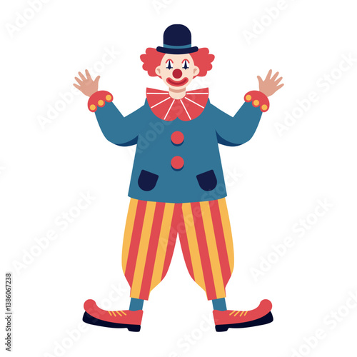 Cheerful clown with happy expression wearing colorful costume on white background