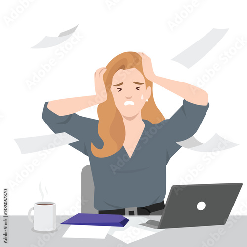 Frustrated woman clutches her head in distress, overwhelmed by deadlines and work pressure. Flat vector illustration isolated on white background