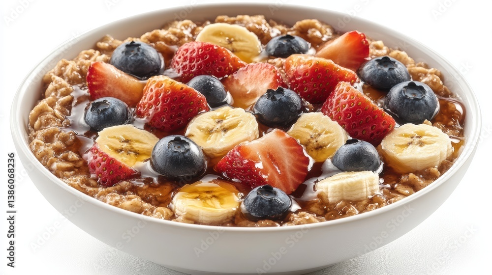 A bird is eye view of a bowl of oatmeal topped with bananas, strawberries, and blueberries, with a drizzle of honey, on a white background A bird is eye view of a bowl of oatmeal topped with bananas, strawberries, and blueberries, with a drizzle of honey, on a white background