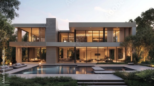 Modern Luxury Villa by the Pool: Architectural Design and Evening Ambiance