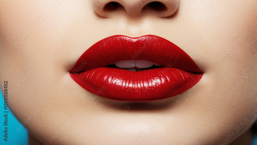 Close up of woman's lips with glossy red lipstick on smooth skin against a blue background Close up of woman's lips with glossy red lipstick on smooth skin against a blue background