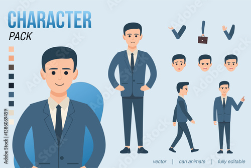 A professional businessman character pack with multiple poses, facial expressions, and gestures. Ideal for animation, presentations, explainer videos, and office-themed designs.