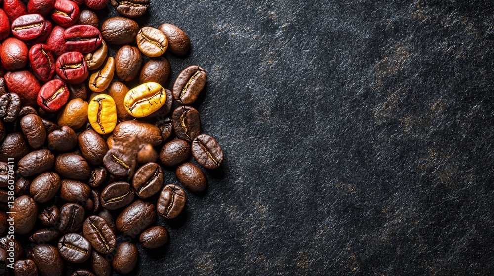 A pile of coffee beans on a black surface A pile of coffee beans on a black surface