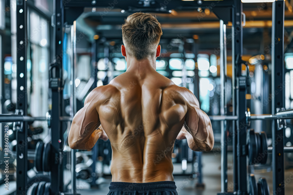 Man with a muscular back is lifting weights in a gym Man with a muscular back is lifting weights in a gym