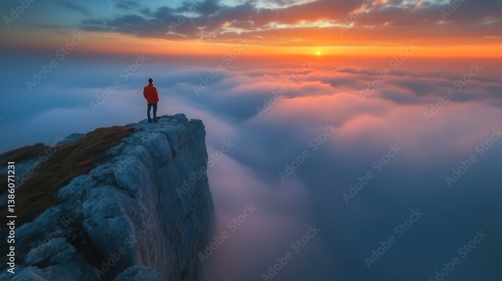Obraz premium Solitude Above the Clouds: A Man Contemplates the Sunset from a Mountaintop