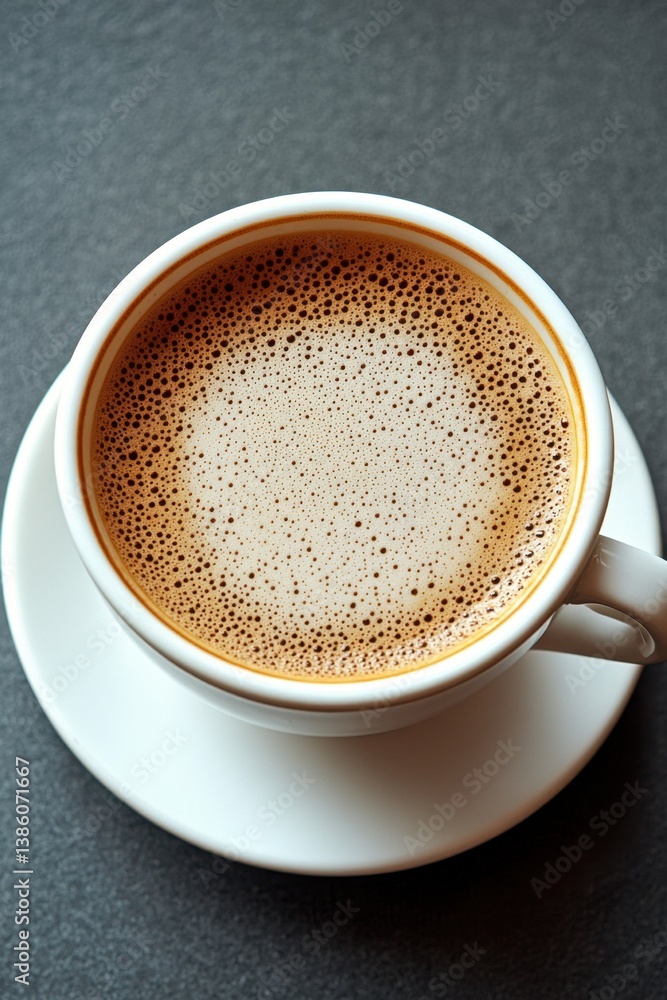 Aromatic cappuccino in a white cup on a dark gray table top view showcasing rich foam and inviting warmth perfect for coffee break and morning delight Aromatic cappuccino in a white cup on a dark gray table top view showcasing rich foam and inviting warmth perfect for coffee break and morning delight