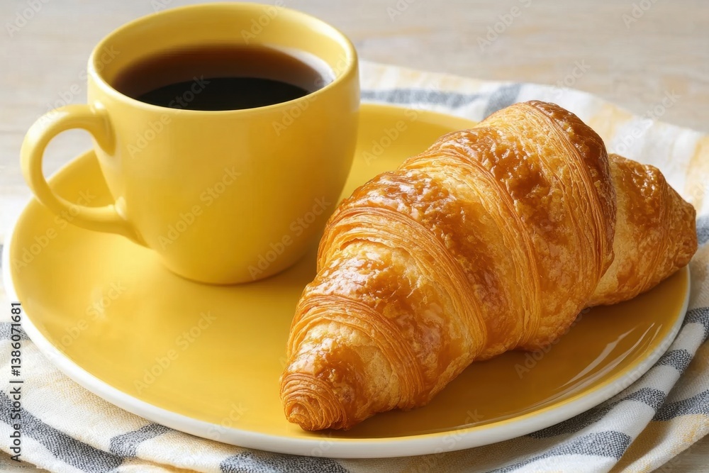 Golden croissant and dark coffee in yellow cup on plate with striped napkin warm morning light breakfast Golden croissant and dark coffee in yellow cup on plate with striped napkin warm morning light breakfast