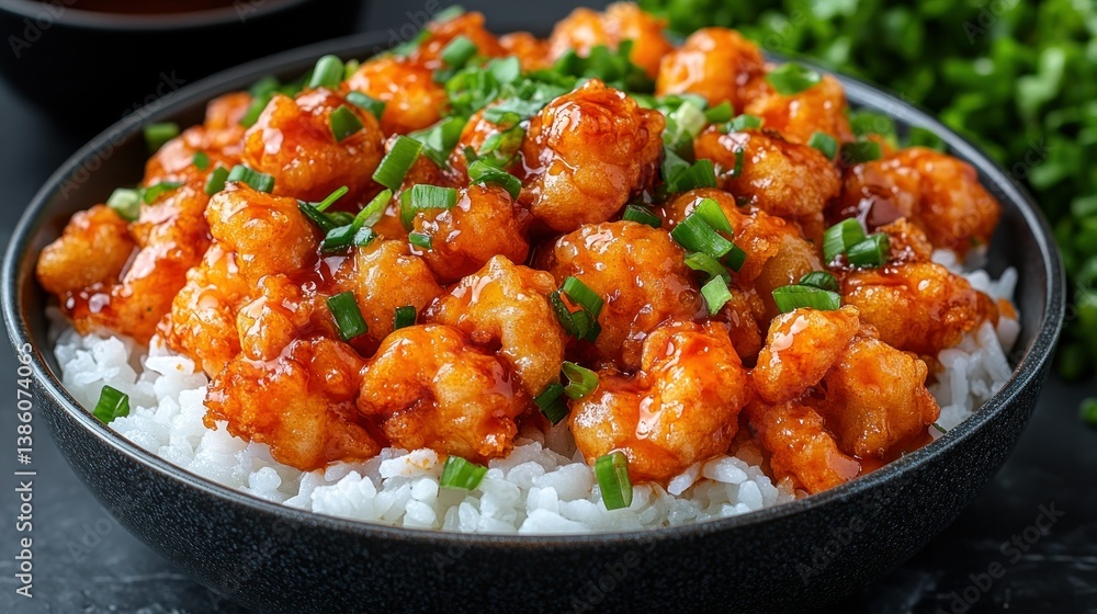Shrimp dish over rice, topped with scallions Shrimp dish over rice, topped with scallions