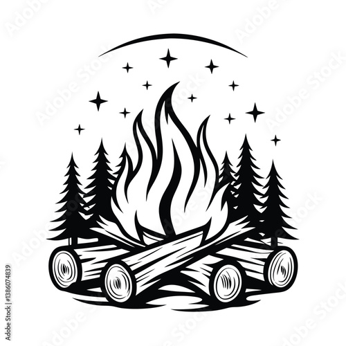 Campfire Silhouette with Burning Flames, Logs, Pine Trees, and Stars