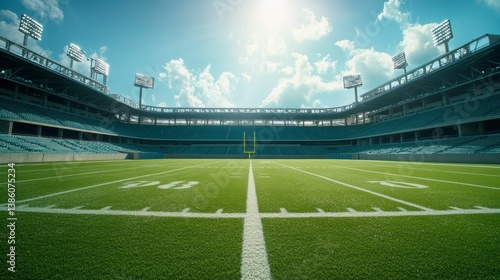 Empty American football stadium on a sunny day,  showing the field, stands, and goalposts.