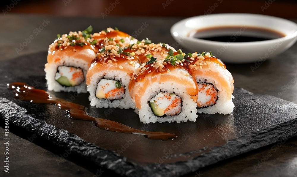 Salmon sushi rolls with sauce and crab Salmon sushi rolls with sauce and crab