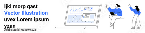 Laptop displaying data analysis graphs with two individuals engaged in discussion and decision-making. Ideal for teamwork, collaboration, business, technology, analytics, education, simple landing