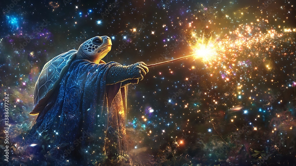 A wise turtle wizard uses magic in a vast starry universe