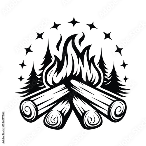 Stylized Bonfire Logs Flames Surrounded by Pine Trees and Stars