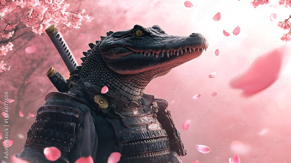 An armored crocodile samurai looks up at falling cherry blossom petals