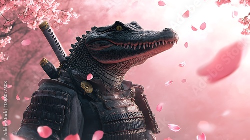 Obraz na płótnie An armored crocodile samurai looks up at falling cherry blossom petals w salonie