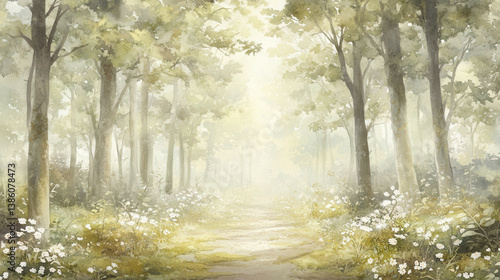 Forest walk painted in watercolor, tall slender trees on either side of a winding earthy path, mossy floor and flower tufts
