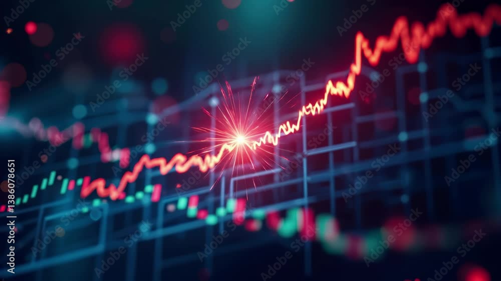 Financial market graph uptrend volatility with glowing red trading line against blue technology grid. Digital visualization of economic data, investment analysis and price growth indicators Financial market graph uptrend volatility with glowing red trading line against blue technology grid. Digital visualization of economic data, investment analysis and price growth indicators