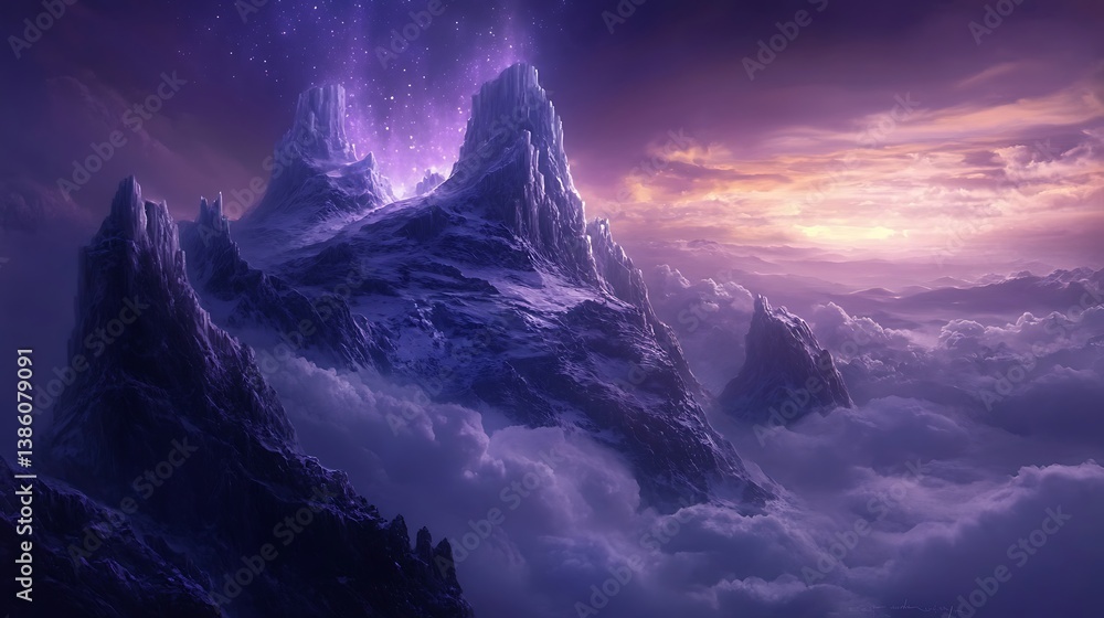 Dramatic mountain peaks rising above the purple atmospheric clouds