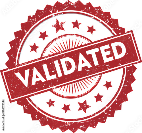 Bold red validated seal with stars and sunburst design for certification.