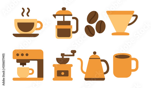 Coffee brewing essentials icons set: explore flat style coffee-making tools and elements