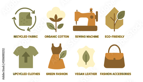 Sustainable fashion icons set: eco-friendly, organic cotton, recycled fabric, vegan leather